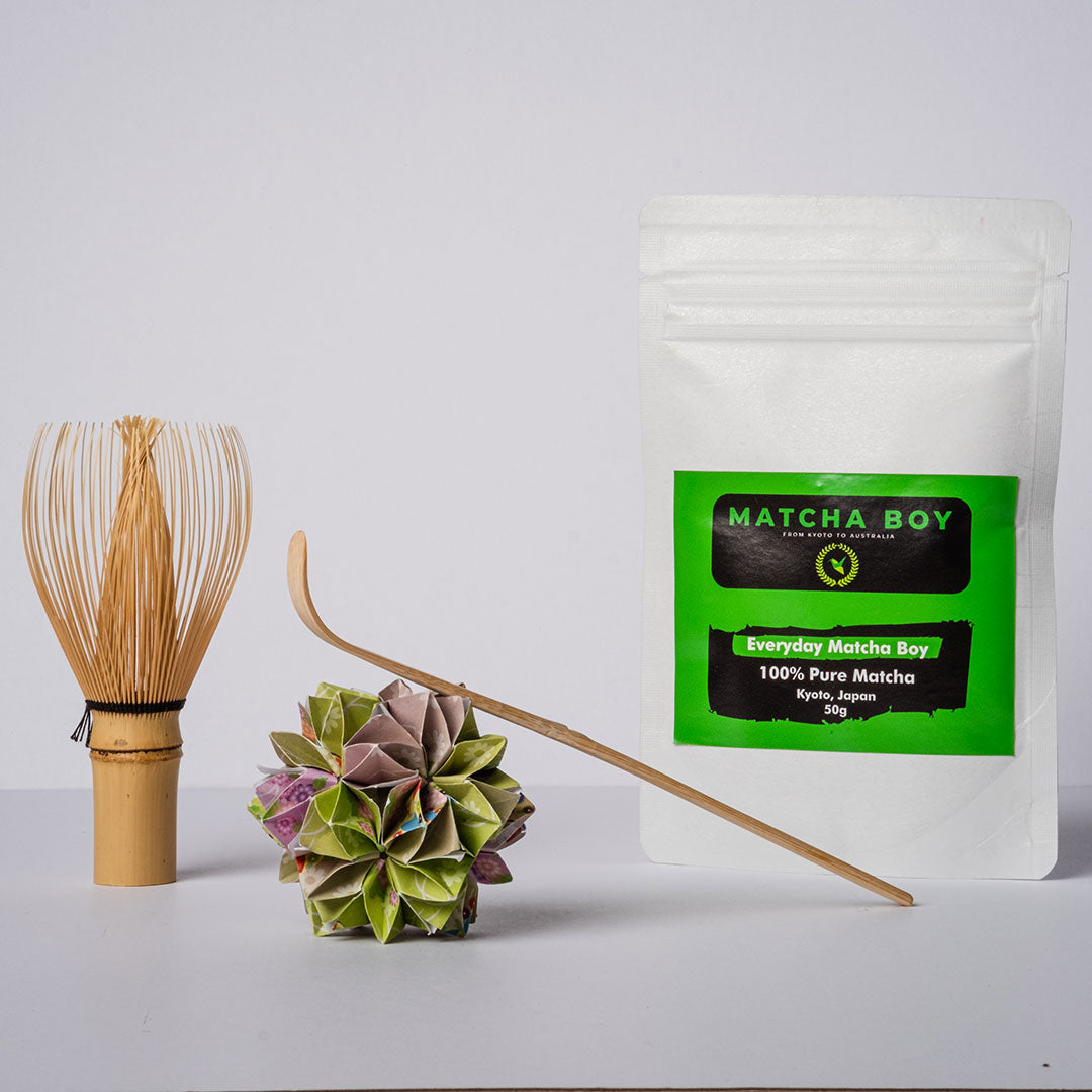 Matcha powder and whisk and spoon
